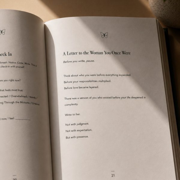 Interior spread of Her, Reclaimed showing A Letter to the Woman You Once Were and a Check In section