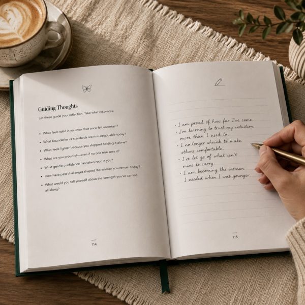 Interior spread of Her, Reclaimed showing Guiding Thoughts prompts with handwritten journaling